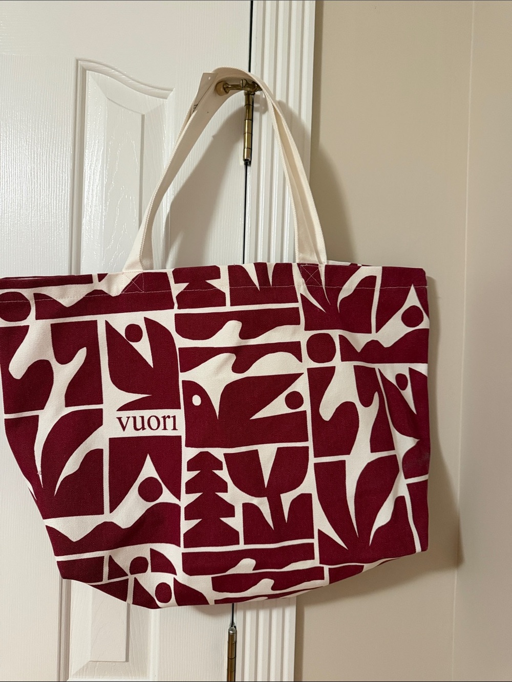 Vuori Cream & Maroon Geometric Canvas Tote